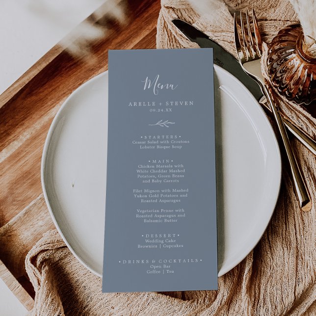 Minimal Leaf | Blue and White Wedding Dinner Menu (Creator Uploaded)