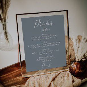 Minimal Leaf Blue and White Wedding Drinks Menu Poster