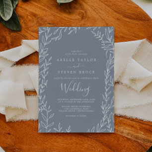 Minimal Leaf   Blue and White Wedding Invitation