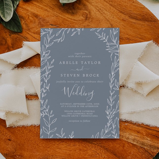 Minimal Leaf | Blue and White Wedding Invitation (Creator Uploaded)