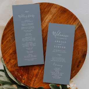 Minimal Leaf Blue and White Wedding Program Programme