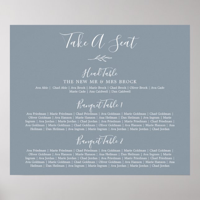 Minimal Leaf Blue Banquet Wedding Seating Chart (Front)