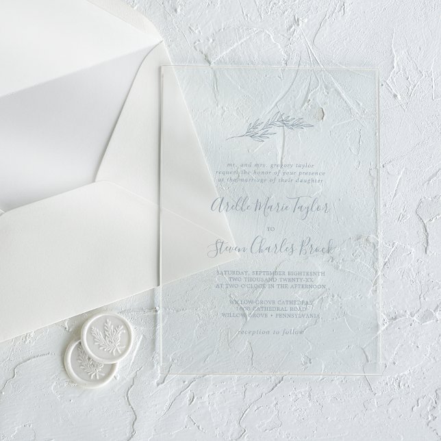 Minimal Leaf Blue Formal Simple Greenery Wedding Acrylic Invitations (Minimal Leaf Blue Formal Simple Greenery Wedding Acrylic Invitations)