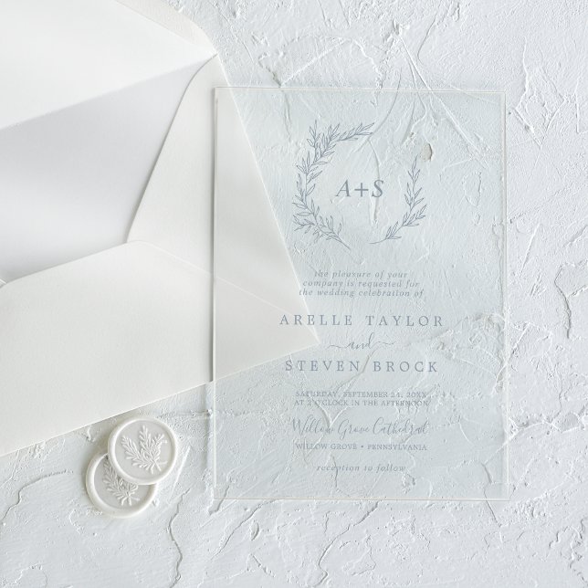 Minimal Leaf Blue Monogram Greenery Boho Wedding Acrylic Invitations (Minimal Leaf Blue Monogram Greenery Boho Wedding Acrylic Invitations)