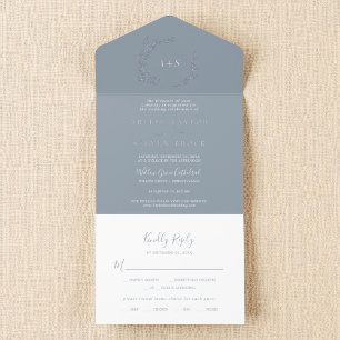 Minimal Leaf Blue Silver Foil Modern Boho Wedding All In One Invitation