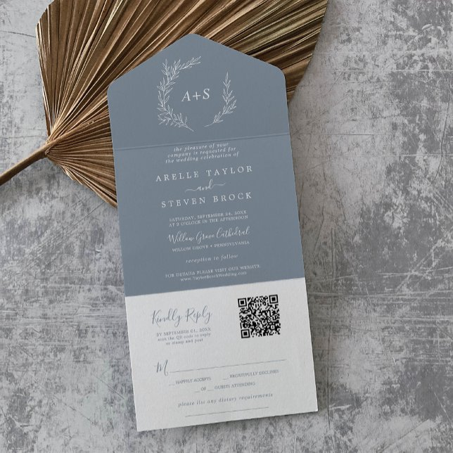 Minimal Leaf | Blue White Simple QR Code Wedding All In One Invitation (Minimal Leaf | Blue White Simple QR Code Wedding All In One Invitation)
