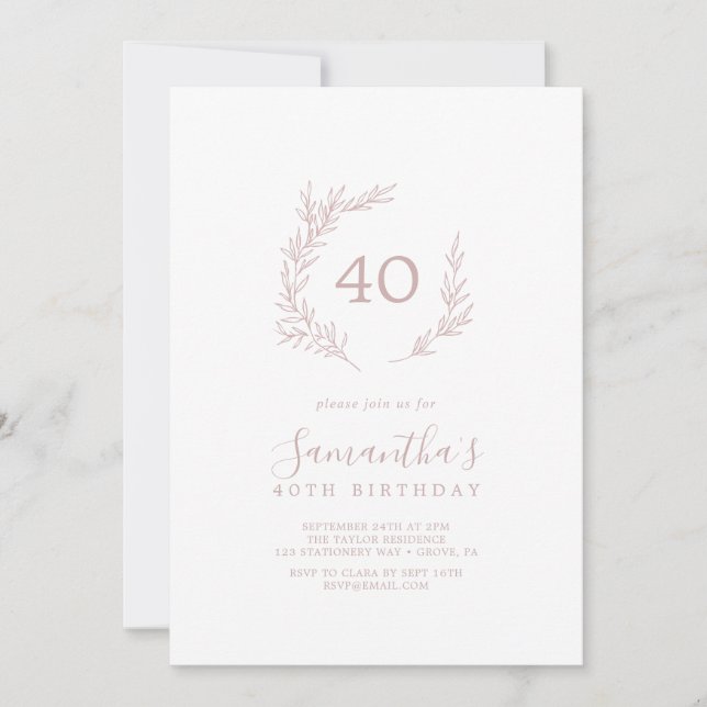 Minimal Leaf | Blush Pink 40th Birthday Invitation (Front)