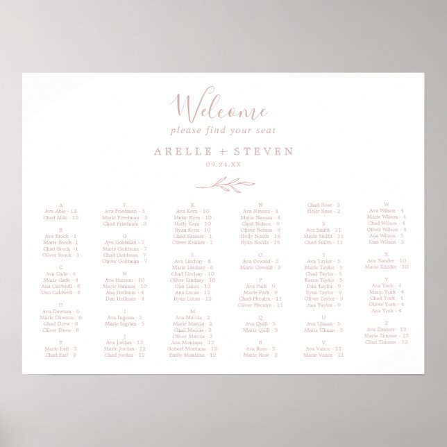 Minimal Leaf Blush Pink Alphabetical Seating Chart (Front)