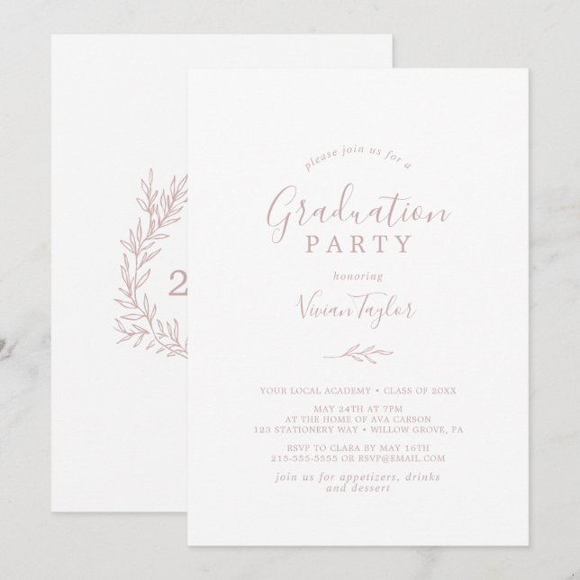 Minimal Leaf | Blush Pink Graduation Party Invitation (Front/Back)