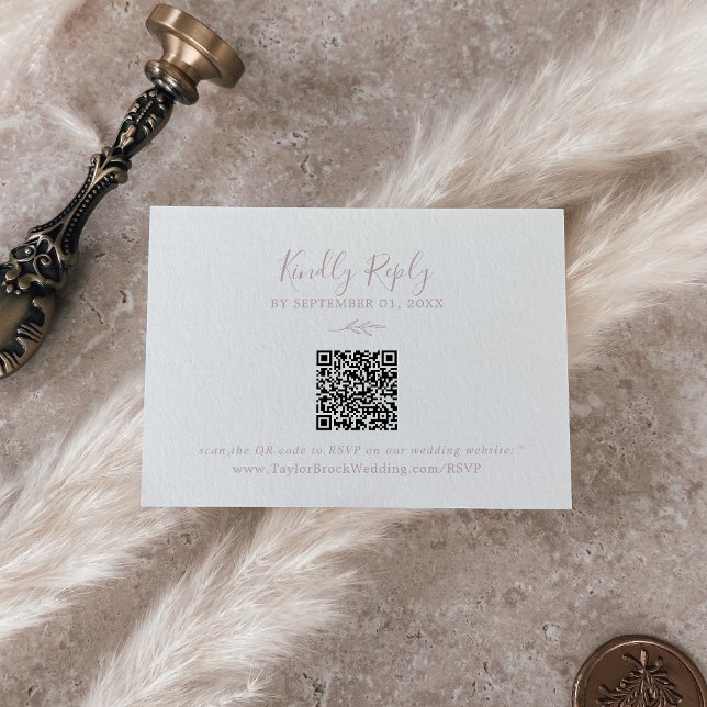 Minimal Leaf | Blush Pink QR Code Wedding RSVP Enclosure Card (Creator Uploaded)