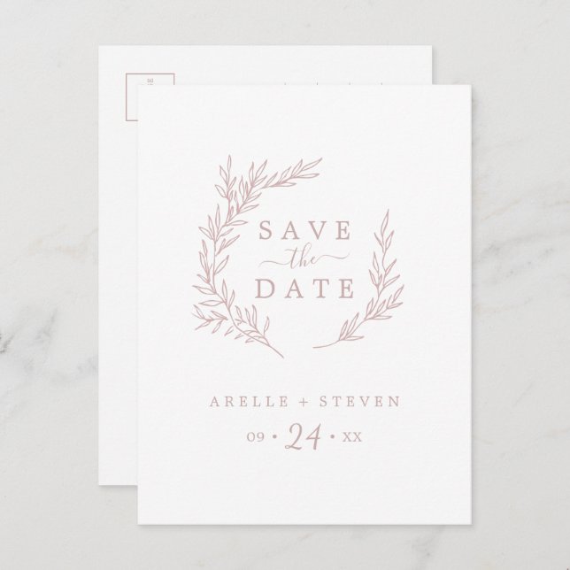 Minimal Leaf | Blush Pink Save the Date Invitation Postcard (Front/Back)