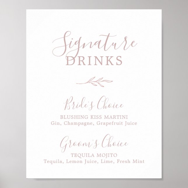 Minimal Leaf | Blush Pink Signature Drinks Sign (Front)