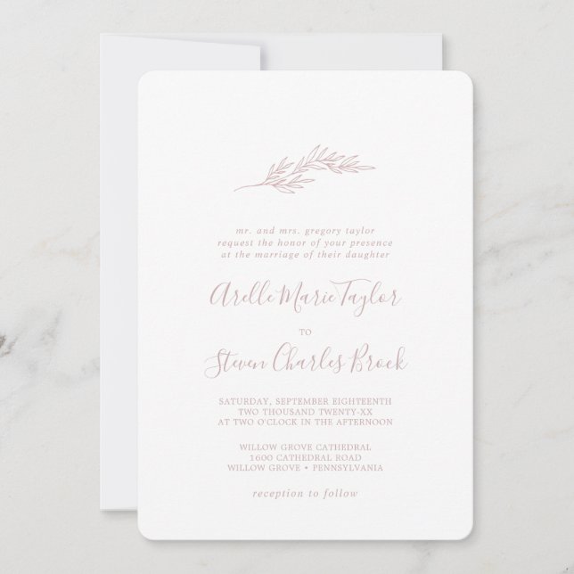 Minimal Leaf | Blush Pink Traditional Wedding Invitation (Front)