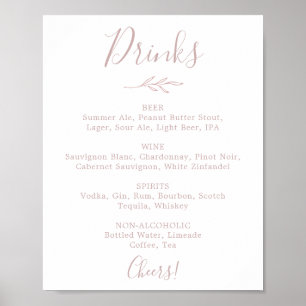 Minimal Leaf Blush Pink Wedding Drinks Menu Sign