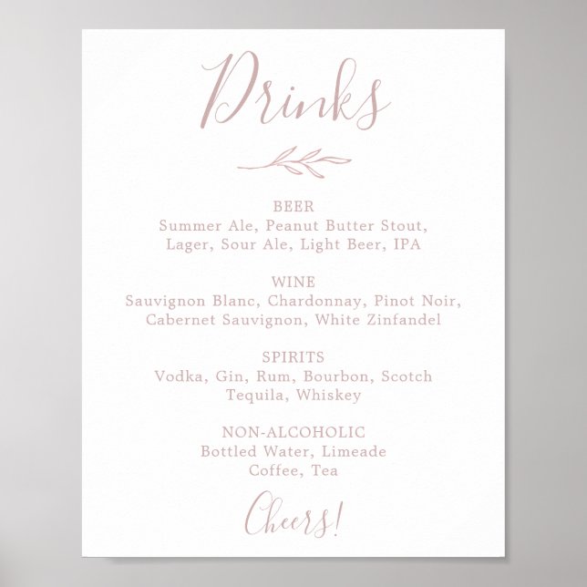 Minimal Leaf | Blush Pink Wedding Drinks Menu Sign (Front)