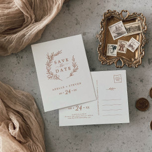 Minimal Leaf   Boho Cream Save the Date Invitation Postcard