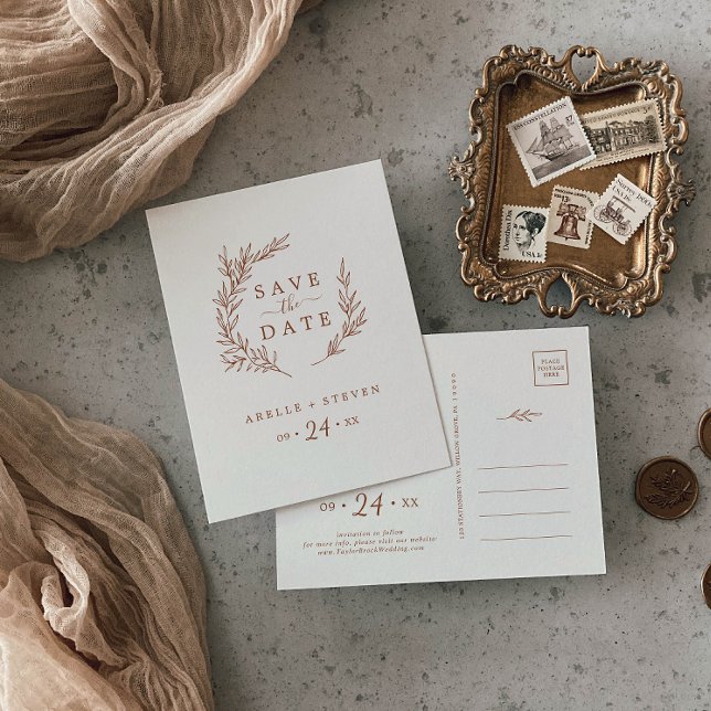 Minimal Leaf | Boho Cream Save the Date Invitation Postcard (Creator Uploaded)