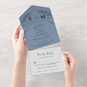 Minimal Leaf Boho Dusty Blue Wedding All In One Invitation