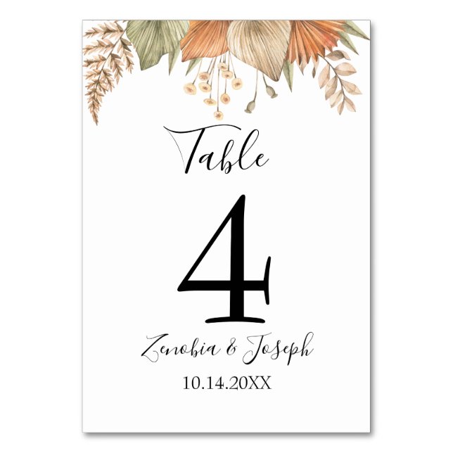 Minimal Leaf Boho Floral Wedding Table Number (Front)