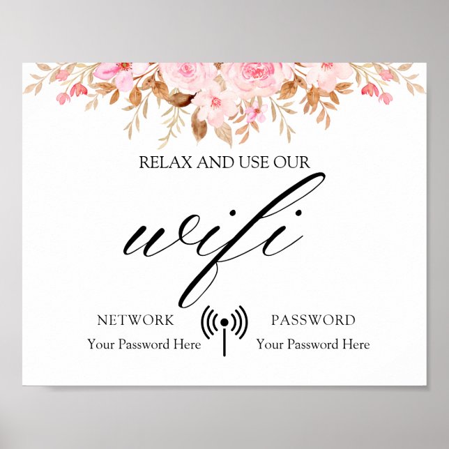 Minimal Leaf Boho Floral Wedding Wifi Poster (Front)