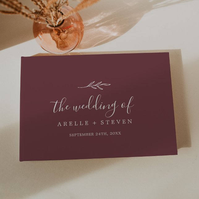 Minimal Leaf | Burgundy Monogram Back Wedding Guest Book (Creator Uploaded)