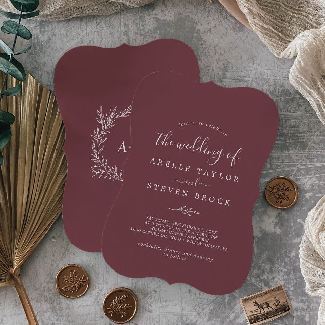 Minimal Leaf | Burgundy Monogram Back Wedding Invitation (Creator Uploaded)