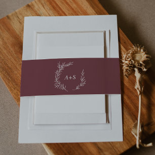 Minimal Leaf Burgundy Monogram Wedding Invitation Belly Band