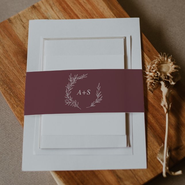 Minimal Leaf | Burgundy Monogram Wedding Invitation Belly Band (Creator Uploaded)