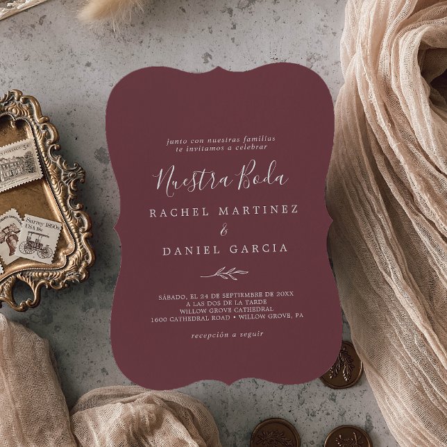 Minimal Leaf | Burgundy Spanish Nuestra Boda Invitation (Creator Uploaded)