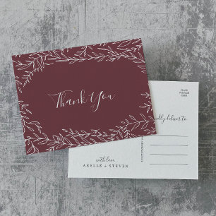 Minimal Leaf Burgundy Thank You Postcard