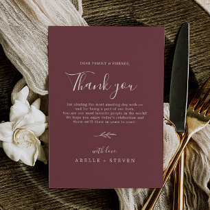 Minimal Leaf Burgundy Thank You Reception Card