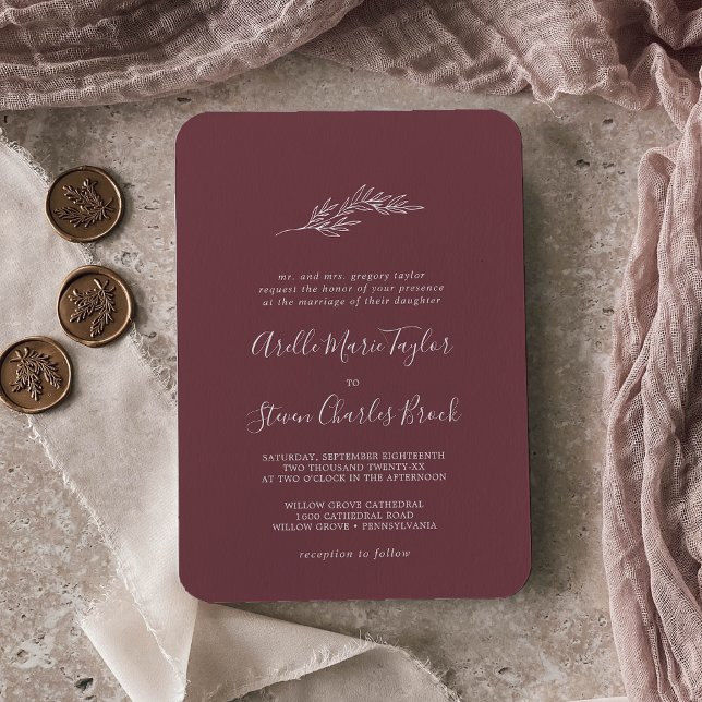 Minimal Leaf | Burgundy Traditional Wedding Invitation (Creator Uploaded)