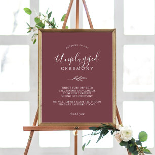 Minimal Leaf Burgundy Unplugged Ceremony Sign