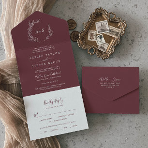 Minimal Leaf Burgundy Wedding All In One Invitation