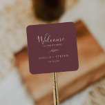 Minimal Leaf | Burgundy Wedding Welcome Square Sticker<br><div class="desc">These minimal leaf burgundy wedding welcome stickers are perfect for a boho wedding. The bohemian design features a simple greenery silhouette in a dark red wine colour with classic minimalist boho style. Personalise these stickers with the location of your wedding, names, and wedding date. These labels are perfect for destination...</div>