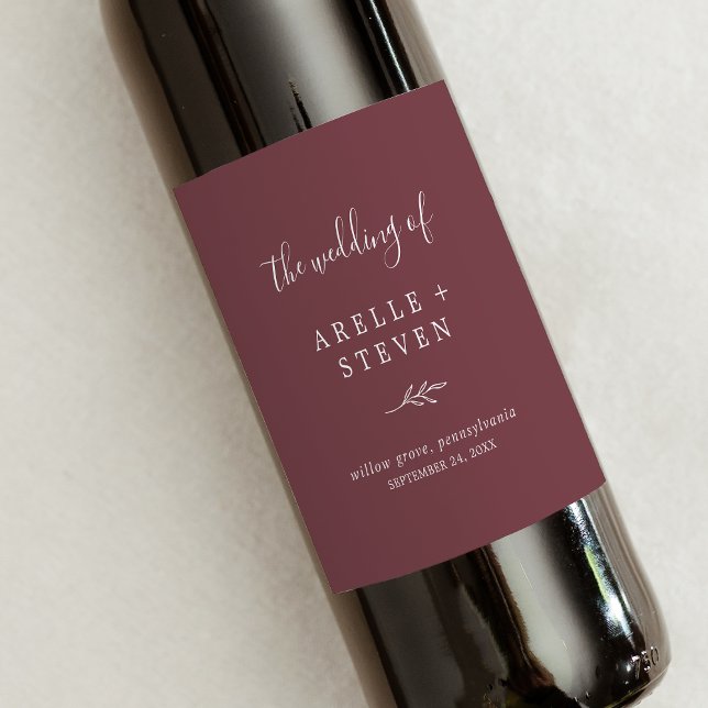 Minimal Leaf | Burgundy Wedding Wine Label (Creator Uploaded)