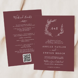 Minimal Leaf Burgundy Weekend Events Wedding Invitation