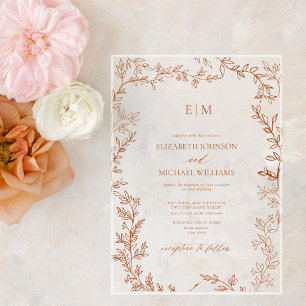 Minimal Leaf Burnt Orange Elegant Monogram Wedding Acrylic Invitations