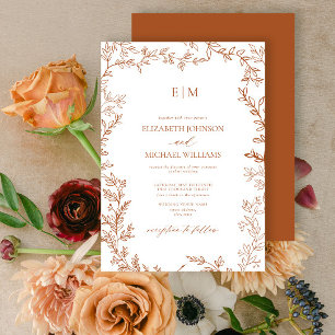Minimal Leaf Burnt Orange Elegant Monogram Wedding Invitation
