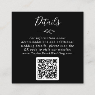 Minimal Leaf Dark Black QR Code Wedding Details Enclosure Card