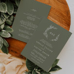 Minimal Leaf | Dark Green All In One Wedding Invitation<br><div class="desc">This minimal leaf dark green all in one wedding invitation is perfect for a boho wedding. The design features a simple greenery leaf silhouette in olive green with minimalist mountain bohemian style. Personalise with the first initials of the couple. Save paper by including the details on the back of the...</div>