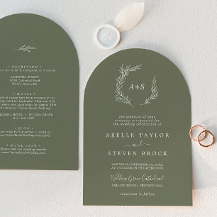 Minimal Leaf Dark Green Arch All In One Wedding Invitation