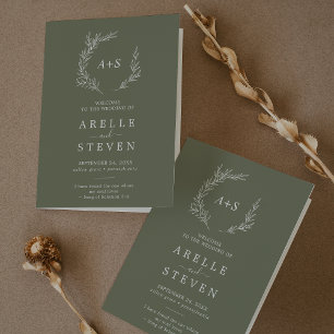 Minimal Leaf   Dark Green Folded Wedding Program Programme