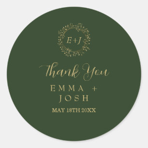 Minimal Leaf Dark Green Formal Monogram Wedding Classic Round Sticker