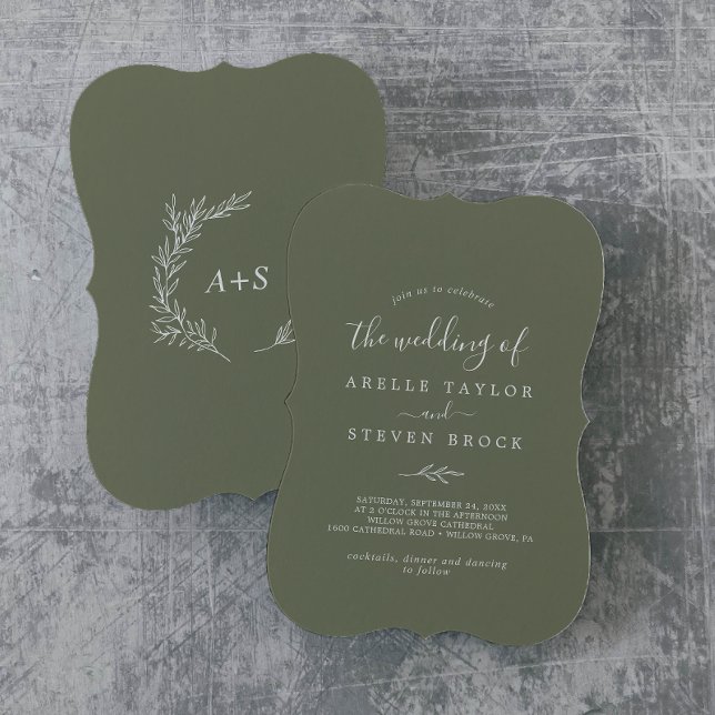 Minimal Leaf | Dark Green Monogram Back Wedding Invitation (Creator Uploaded)