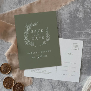 Minimal Leaf   Dark Green Save the Date Invitation Postcard