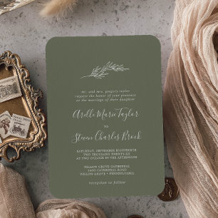 Minimal Leaf   Dark Green Traditional Wedding Invitation