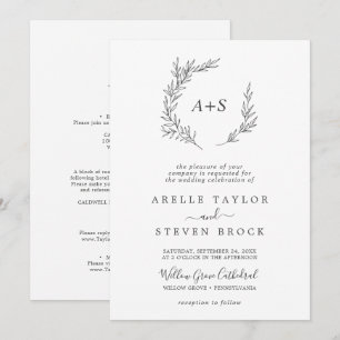 Minimal Leaf Dark Grey All In One Wedding Invitation
