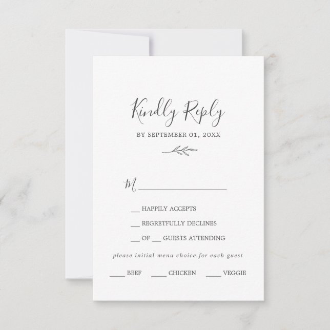 Minimal Leaf | Dark Grey Menu Choice RSVP Card (Front)