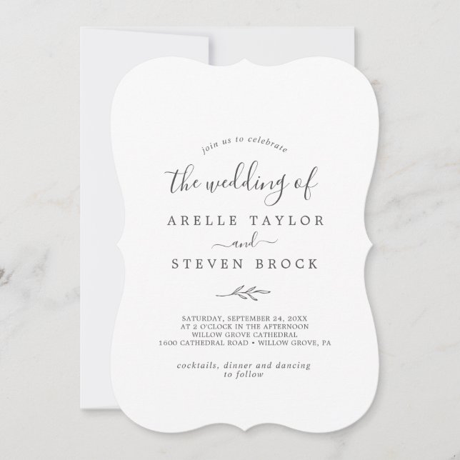 Minimal Leaf | Dark Grey Monogram Back Wedding Invitation (Front)